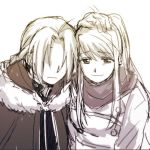  1boy 1girl bangs braid coat earrings edward_elric expressionless eyebrows_visible_through_hair fullmetal_alchemist gloves greyscale hand_on_another&#039;s_head jewelry long_hair looking_down monochrome ponytail scarf shaded_face simple_background smile tsukuda0310 white_background winry_rockbell 