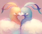  altaria alternate_color artist_name bird closed_eyes commentary_request from_side manino_(mofuritaionaka) no_humans pokemon pokemon_(creature) red_background shiny_pokemon signature simple_background u_u 