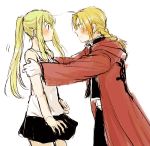 1boy 1girl bangs black_shirt blonde_hair blue_eyes blush braid coat earrings edward_elric eye_contact eyebrows_visible_through_hair fingernails fullmetal_alchemist hands_on_another&#039;s_shoulders jewelry long_hair looking_at_another nervous pants ponytail red_coat shirt simple_background skirt sweatdrop tsukuda0310 white_background white_shirt winry_rockbell yellow_eyes 