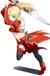  1girl abs arms_up bandeau black_legwear blonde_hair bra breasts detached_sleeves eyebrows_visible_through_hair fate/apocrypha fate/grand_order fate_(series) green_eyes high_ponytail holding holding_sword holding_weapon long_hair looking_at_viewer medium_breasts midriff mordred_(fate) mordred_(fate)_(all) navel red_footwear red_scrunchie scrunchie shiseki_hirame simple_background solo stomach sword underwear weapon white_background 