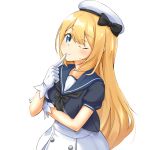  1girl blonde_hair blue_eyes blue_sailor_collar commentary cowboy_shot dress finger_to_mouth gloves hat jervis_(kantai_collection) kantai_collection long_hair looking_at_viewer one_eye_closed sailor_collar sailor_dress sailor_hat short_sleeves simple_background smile solo white_background white_dress white_gloves white_hat yumemi_kusamochi 