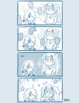  2girls ahoge comic gambier_bay_(kantai_collection) hair_over_one_eye hamanami_(kantai_collection) happy headband highres kantai_collection ma_rukan monochrome multiple_girls shy sweat sweating_profusely twintails 