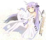  1girl ahoge azur_lane bangs black_bow black_ribbon blush bow closed_mouth commentary_request detached_sleeves dress eyebrows_visible_through_hair fingernails flight_deck flower hair_between_eyes hair_bun hair_ornament hair_ribbon halterneck lily_(flower) long_hair long_sleeves looking_at_viewer miamuly nail_polish no_shoes object_hug purple_hair ribbon side_bun sitting sleeves_past_wrists solo stuffed_animal stuffed_pegasus stuffed_toy stuffed_unicorn thigh-highs unicorn_(azur_lane) very_long_hair violet_eyes white_background white_dress white_flower white_legwear white_nails 