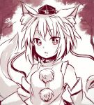  1girl animal_ears bangs detached_sleeves eyebrows_visible_through_hair hat ibaraki_natou looking_at_viewer monochrome pom_pom_(clothes) short_hair solo tail tokin_hat touhou tree upper_body wolf_ears wolf_tail 