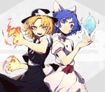  2girls bangs black_hat blonde_hair blue_eyes blue_hair bow character_name fire hair_bow hat hat_bow ice kuzudon looking_at_viewer mai_(touhou) medium_hair multiple_girls open_mouth parted_bangs puffy_short_sleeves puffy_sleeves red_ribbon ribbon short_sleeves skirt skirt_set smile touhou touhou_(pc-98) wavy_hair white_bow yellow_eyes yuki_(touhou) 