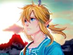  1boy blurry bow_(weapon) commentary depth_of_field earrings jewelry link long_hair low_ponytail patreon_username pointy_ears rejean_dubois sidelocks solo sunset the_legend_of_zelda the_legend_of_zelda:_breath_of_the_wild tunic upper_body weapon weapon_on_back 