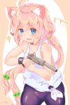  1girl ahoge animal_ears bike_shorts blue_eyes cat_ears choker fang gun hair_bobbles hair_ornament highres hinata_channel holding long_hair low_twintails nekomiya_hinata ooba_jun open_mouth pink_hair shorts smile solo suppressor twintails upper_body vest virtual_youtuber weapon white_vest wristband 