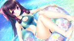  1girl afloat bangs bare_arms bare_shoulders barefoot black_hair blunt_bangs blush bow breasts casual_one-piece_swimsuit cleavage cleavage_cutout closed_mouth collarbone day dutch_angle eyebrows_visible_through_hair freckles game_cg green_swimsuit hair_bow innertube knees_up long_hair looking_at_viewer medium_breasts ocean one-piece_swimsuit outdoors pink_bow sakurako_(tropical_liquor) sayori shiny shiny_skin sidelocks sitting smile solo straight_hair swimsuit tareme tropical_liquor very_long_hair violet_eyes water 