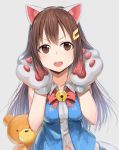  1girl absurdres akky_(akimi1127) animal_ears bangs bell blue_vest blush bow breasts brown_eyes brown_hair cat_ears collarbone commentary_request eyebrows_visible_through_hair gloves grey_background hair_between_eyes hair_flaps hair_ornament hairclip hands_up head_tilt highres jingle_bell long_hair looking_at_viewer medium_breasts open_mouth paw_gloves paws red_bow shirt simple_background sleeveless sleeveless_shirt solo stuffed_animal stuffed_toy teddy_bear tokino_sora tokino_sora_channel upper_teeth v-shaped_eyebrows very_long_hair vest virtual_youtuber white_shirt 