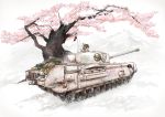  1girl acrylic_paint_(medium) brown_eyes brown_hair bucket cherry_blossoms churchill_(tank) ground_vehicle headphones highres military military_vehicle mimit motor_vehicle mountain original shield tank traditional_media 