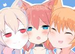  3girls animal_ears blue_eyes blush cat_ears cheek-to-cheek choker closed_eyes commentary fox_ears hinata_channel kawa_mura kemomimi_vr_channel long_hair looking_at_another mikoko_(kemomimi_vr_channel) multiple_girls nekomiya_hinata nora_cat nora_cat_channel open_mouth orange_hair pink_hair red_eyes short_hair silver_hair smile virtual_youtuber 