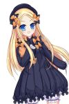  1girl :d abigail_williams_(fate/grand_order) absurdres bangs black_bow black_dress black_hat blonde_hair bloomers blue_eyes blush bow butterfly commentary_request cowboy_shot dress eyebrows_visible_through_hair fate/grand_order fate_(series) forehead hair_bow hat highres long_hair long_sleeves looking_at_viewer object_hug open_mouth orange_bow parted_bangs polka_dot polka_dot_bow simple_background sleeves_past_fingers sleeves_past_wrists smile solo stuffed_animal stuffed_toy teddy_bear underwear very_long_hair vivian_(lancerhd) white_background white_bloomers 