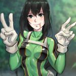  1girl :&gt; absurdres asui_tsuyu black_eyes bodysuit boku_no_hero_academia frog_girl goggles goggles_on_head green_bodysuit hair_rings highres long_hair long_tongue looking_at_another low-tied_long_hair ragecndy solo tongue tongue_out very_long_tongue 
