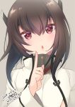  1girl :o bangs blush brown_hair collar dated eyebrows_visible_through_hair grey_background head_tilt headband index_finger_raised kantai_collection long_hair long_sleeves looking_at_viewer open_mouth ponytail red_eyes shiny shiny_hair signature simple_background solo taihou_(kantai_collection) tsukimochikuriko_(tsukimochi_k) upper_body 