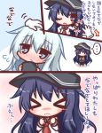  &gt;_&lt; ... /\/\/\ 2girls akatsuki_(kantai_collection) bangs black_cat black_hat black_legwear black_skirt blue_eyes blush blush_stickers brown_footwear cat closed_eyes closed_mouth comic commentary_request disembodied_limb eyebrows_visible_through_hair flying_sweatdrops hair_between_eyes hat hat_removed headwear_removed hibiki_(kantai_collection) holding holding_hat kantai_collection komakoma_(magicaltale) long_sleeves multiple_girls neckerchief nose_blush pantyhose petting pleated_skirt purple_hair red_neckwear school_uniform serafuku shirt silver_hair skirt spoken_ellipsis standing tears translation_request violet_eyes wavy_mouth white_shirt 