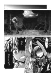  1girl asymmetrical_wings bow bowtie comic dress forest full_moon greyscale highres houjuu_nue monochrome moon nature short_hair short_sleeves suichuu_hanabi thigh-highs touhou translation_request wings 