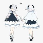  ankle_boots ankle_ribbon black_bow blue_bow blue_cape blue_eyes boots bow breasts cape detached_sleeves dress fingerless_gloves frilled_dress frills gloves grey_background hair_bow horns looking_at_viewer nuudoru ribbon sheep_horns short_hair small_breasts white_hair 