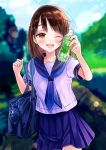  1girl ;d akiyama_sunao bag blue_skirt blue_sky blurry blurry_background blush bottle brown_hair collarbone cowboy_shot day dripping eyebrows_visible_through_hair highres holding holding_bag holding_bottle long_hair miniskirt one_eye_closed open_mouth original outdoors pleated_skirt school_bag school_uniform serafuku shirt short_sleeves skirt sky smile solo standing sweat white_shirt 