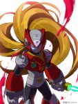  1boy android beam_saber blonde_hair capcom energy_sword gloves glowing glowing_eyes helmet highres holding lightsaber long_hair looking_at_viewer male_focus red_eyes rockman rockman_x smile solo sword tonami_kanji weapon white_background white_gloves zero_(rockman) 
