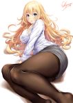  1girl alternate_costume arm_support artist_name ass atago_(kantai_collection) black_legwear blonde_hair blue_eyes blue_skirt breasts collared_shirt gusset kantai_collection large_breasts long_hair long_sleeves looking_at_viewer lying office_lady on_side panties pantyhose pencil_skirt sakiyamama shirt simple_background skirt smile solo thighband_pantyhose underwear white_background white_panties white_shirt 