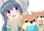  1girl animal bangs beanie blue_hair blurry blurry_foreground blush cacao_(chocolat) cellphone commentary_request depth_of_field dog eyebrows_visible_through_hair grey_scarf hair_between_eyes hat head_tilt highres long_hair mouth_hold open_mouth phone scarf shiba_inu shima_rin simple_background smartphone solo tongue tongue_out upper_teeth violet_eyes white_background white_hat yurucamp 