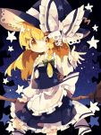  1girl apron black_dress blonde_hair bow braid broom buttons commentary dress frilled_dress frills green_bow hair_bow hat hat_bow highres kirisame_marisa long_hair long_sleeves nikorashi-ka sky smile solo star star_(sky) star_in_eye starry_sky touhou waist_apron white_bow witch_hat yellow_eyes 