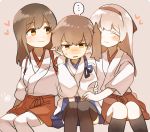  ... 3girls :3 akagi_(kantai_collection) black_legwear blue_ribbon brown_hair chocolate_hair closed_eyes grey_hair hairband heart ina_(1813576) japanese_clothes kaga_(kantai_collection) kantai_collection long_hair multiple_girls open_mouth red_hairband red_ribbon ribbon short_sleeves shoukaku_(kantai_collection) side_ponytail sitting spoken_ellipsis sweat thigh-highs white_legwear yuri 