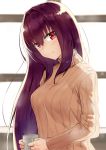  1girl blush cup fate/grand_order fate_(series) hair_intakes highres holding holding_cup long_hair looking_at_viewer m_kong mug purple_hair red_eyes ribbed_sweater scathach_(fate/grand_order) sweater very_long_hair window 