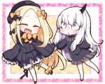  2girls :d :o ^_^ abigail_williams_(fate/grand_order) absurdres bangs black_bow black_dress black_footwear black_hat blonde_hair blue_eyes blush bow butterfly closed_eyes commentary_request dress fate/grand_order fate_(series) hair_bow hand_holding hat highres horn jako_(jakoo21) lavinia_whateley_(fate/grand_order) long_hair long_sleeves multiple_girls open_mouth orange_bow parted_bangs parted_lips pink_eyes polka_dot polka_dot_bow silver_hair sleeves_past_fingers sleeves_past_wrists smile very_long_hair 