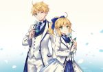  1boy 1girl ;d ahoge arm_at_side artist_name artoria_pendragon_(all) blonde_hair blue_background blue_bow blue_neckwear blush bow closed_mouth coat collared_shirt fate/grand_order fate_(series) flower formal gradient gradient_background green_eyes hair_bow head_tilt holding holding_flower jacket long_hair long_sleeves looking_at_viewer necktie nyanya one_eye_closed open_clothes open_coat open_jacket open_mouth pants partner_look petals rose saber saber_(fate/prototype) shiny shiny_hair shirt signature smile solo striped striped_shirt suit twitter_username unbuttoned vertical-striped_shirt vertical_stripes white_coat white_flower white_jacket white_pants white_rose wing_collar 