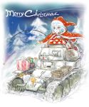  1girl bag blue_hair box christmas gift gift_box ground_vehicle highres merry_christmas military military_vehicle mimit motor_vehicle nib_pen_(medium) original red_eyes santa_costume short_hair snow snowing star t-18 tank traditional_media tree 