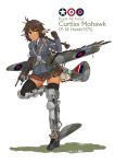  1girl ahoge black_legwear boots braid brown_eyes brown_hair character_name dakku_(ogitsune) dark_skin dated full_body head_wings highres holding holding_weapon jacket looking_at_viewer mecha_musume neckerchief original p-36_hawk personification plaid plaid_skirt pleated_skirt skirt solo tail thigh-highs thigh_boots weapon 