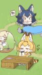  !? 3girls alpaca_suri_(kemono_friends) animal_ears blonde_hair blue_hair chibi closed_eyes commentary_request derivative_work drinking fang fur_trim grass grey_wolf_(kemono_friends) heterochromia highres imagining ink inkwell kemono_friends kemono_friends_pavilion_(style) multicolored_hair multiple_girls open_mouth pouring quill screencap_redraw serval_(kemono_friends) serval_print serval_tail sitting spoken_interrobang surprised table tail tanaka_kusao teapot thought_bubble two-tone_hair white_hair wolf_ears 