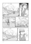 1boy baseball_cap boots comic greyscale hat highres ichiba_youichi long_sleeves monochrome page_number pants short_hair touhou translation_request vest 