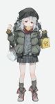  1girl alternate_costume ankle_boots bag bangs blush boots brown_eyes coat earmuffs eating food food_in_mouth food_on_face g11_(girls_frontline) girls_frontline gloves green_coat grey_background grey_legwear grey_skirt grey_sweater hair_between_eyes half-closed_eyes hat head_tilt highres holding holding_bag holding_food kneehighs light_particles long_hair looking_away messy_hair open_clothes plaid plaid_skirt scarf shopping_bag shuzi sidelocks silver_hair simple_background skirt sleeves_past_wrists solo sweater very_long_hair white_background winter_clothes winter_coat 