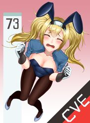  1girl absurdres ahoge animal_ears black_gloves blonde_hair blue_jacket blue_leotard breasts brown_legwear bunny_girl bunnysuit cleavage collarbone collared_jacket cropped_jacket facing_viewer fake_animal_ears flats foreshortening from_above full_body gambier_bay_(kantai_collection) gloves gradient gradient_background hairband highres invisible_chair jacket kantai_collection knees_together_feet_apart leotard long_hair medium_breasts number open_clothes open_jacket open_mouth pantyhose pink_background rabbit_ears raised_eyebrows shiny shiny_hair shoes short_sleeves sitting solo strapless strapless_leotard tearing_up tears twintails two-tone_hairband w_arms white_footwear 