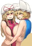  2girls :d animal_ears bangs bare_arms bare_shoulders blonde_hair blush breasts chanta_(ayatakaoisii) d: eye_contact eyebrows_visible_through_hair fox_ears fox_tail hair_between_eyes hat highres hug huge_breasts long_hair looking_at_another multiple_girls naked_tabard open_mouth pillow_hat red_eyes short_hair sideboob simple_background slit_pupils smile sweatdrop tabard tail touhou white_background white_hat yakumo_ran yakumo_yukari 