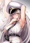  1girl arm_up armpits azur_lane blush breasts collared_shirt enterprise_(azur_lane) eyebrows_visible_through_hair hat large_breasts necktie peaked_cap shirt silver_hair sleeveless sleeveless_shirt solo tobi-mura underbust violet_eyes white_hat 