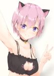  1girl animal_ears arm_up armpits bell bell_choker black_bra black_choker blush bra breasts cat_cutout cat_ears cat_lingerie choker cleavage cleavage_cutout eyebrows_visible_through_hair fate/grand_order fate_(series) frilled_bra frills highres hiyoko_(pixiv16803940) jingle_bell kemonomimi_mode looking_at_viewer mash_kyrielight medium_breasts meme_attire pink_hair reaching_out self_shot short_hair sketch smile solo underwear underwear_only upper_body v violet_eyes 