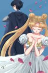  1boy 1girl 2017 bangs bare_shoulders bishoujo_senshi_sailor_moon black_hair blonde_hair blue_background cape chiba_mamoru closed_eyes closed_mouth dated detached_sleeves double_bun dress earrings endymion faux_traditional_media from_behind hair_ornament hairclip hands_together highres jewelry long_hair own_hands_together parted_bangs petals princess_serenity puchi_(wamsnzs) puffy_short_sleeves puffy_sleeves rose_petals sad short_hair short_sleeves simple_background tsukino_usagi twintails very_long_hair 