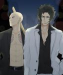  2boys bald belt black_hair chest_tattoo cigarette fate/grand_order fate_(series) formal gangster hijikata_toshizou_(fate/grand_order) houzouin_inshun_(fate/grand_order) jacket male_focus multiple_boys night open_clothes open_jacket scar smile smoking suit suit_jacket tattoo upper_body walking white_suit 