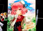  1girl background bandage bandaged_arm black_ribbon bun_cover chains clouds commentary_request cuffs double_bun flower hand_on_hip hand_on_own_face ibaraki_kasen looking_at_viewer paint_(medium) pink_eyes pink_flower pink_hair pink_rose puffy_short_sleeves puffy_sleeves qqqrinkappp ribbon rose sgined shackles short_hair short_sleeves sky smile solo tabard touhou traditional_media tree upper_body 
