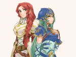  2girls armor blue_eyes blush braid breastplate fire_emblem fire_emblem:_souen_no_kiseki green_eyes green_hair helmet long_hair looking_at_viewer multiple_girls nephenee polearm redhead spear tiamat_(fire_emblem) tnmrdgr weapon 