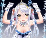  1girl :d blush breasts cleavage dress eve_santaclaus eyebrows_visible_through_hair gloves hair_ribbon idolmaster idolmaster_cinderella_girls long_hair looking_at_viewer medium_breasts neko_danshaku open_mouth ribbon smile solo tiara twintails upper_body white_dress white_gloves white_hair yellow_eyes 