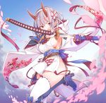  1girl bangs breasts cherry_blossoms day earrings floral_print grey_hair hairband holding holding_sword holding_weapon horns japanese_clothes jewelry katana konnyaku_(kk-monmon) large_breasts looking_at_viewer obi oni_horns original outdoors pelvic_curtain pointy_ears red_eyes ribbon-trimmed_legwear ribbon_trim sash sheath shiny shiny_hair short_hair sideboob silver_hair solo sword thick_eyebrows thigh-highs thighs unsheathing weapon white_legwear 