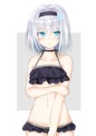  1girl arm_grab bangs bare_arms bare_shoulders bikini black_bikini black_hairband blinker_aruji blue_eyes blush closed_mouth collarbone commentary_request eyebrows_visible_through_hair grey_background groin hair_between_eyes hair_ornament hairband looking_away looking_to_the_side navel ryuuou_no_oshigoto! silver_hair snowflake_hair_ornament solo sora_ginko swimsuit two-tone_background v-shaped_eyebrows white_background 