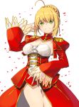  1girl ahoge bangs blonde_hair blush braid breasts cleavage closed_mouth commentary_request dress epaulettes eyebrows_visible_through_hair fate/extra fate_(series) green_eyes hair_between_eyes hair_bun head_tilt highres juliet_sleeves kei_(soundcross) long_sleeves looking_at_viewer medium_breasts nero_claudius_(fate) nero_claudius_(fate)_(all) puffy_sleeves red_dress see-through sidelocks simple_background smile solo white_background wide_sleeves 