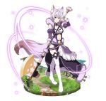  1girl animal_ears boots breasts cleavage detached_sleeves faux_figurine fox_ears fox_tail full_body hair_between_eyes holding holding_weapon long_hair looking_at_viewer medium_breasts midriff mole mole_on_breast navel poleaxe purple_hair simple_background smile solo standing stomach strea sword_art_online tail thigh-highs thigh_boots violet_eyes weapon white_background white_footwear wrist_cuffs 