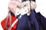  ... 2girls armor artoria_pendragon_(all) artoria_pendragon_(lancer_alter) biting black_ribbon blonde_hair braid face-to-face fangs fate/grand_order fate_(series) florence_nightingale_(fate/grand_order) from_behind gloves hair_ribbon hand_grab highres hochikass horns long_braid looking_at_another looped_braids multiple_girls open_mouth pink_hair ribbon single_braid white_background white_gloves 