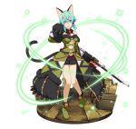  1girl animal_ears aqua_eyes aqua_hair black_gloves black_ribbon black_shorts breasts cat_ears cat_tail choker detached_sleeves faux_figurine full_body gloves gun hair_between_eyes hair_ribbon head_tilt holding holding_gun holding_weapon looking_at_viewer medium_breasts open_mouth paw_gloves paws ribbon rifle shinon_(sao) shoes short_hair_with_long_locks short_shorts shorts sidelocks simple_background solo standing strapless sword_art_online tail under_boob weapon white_background 